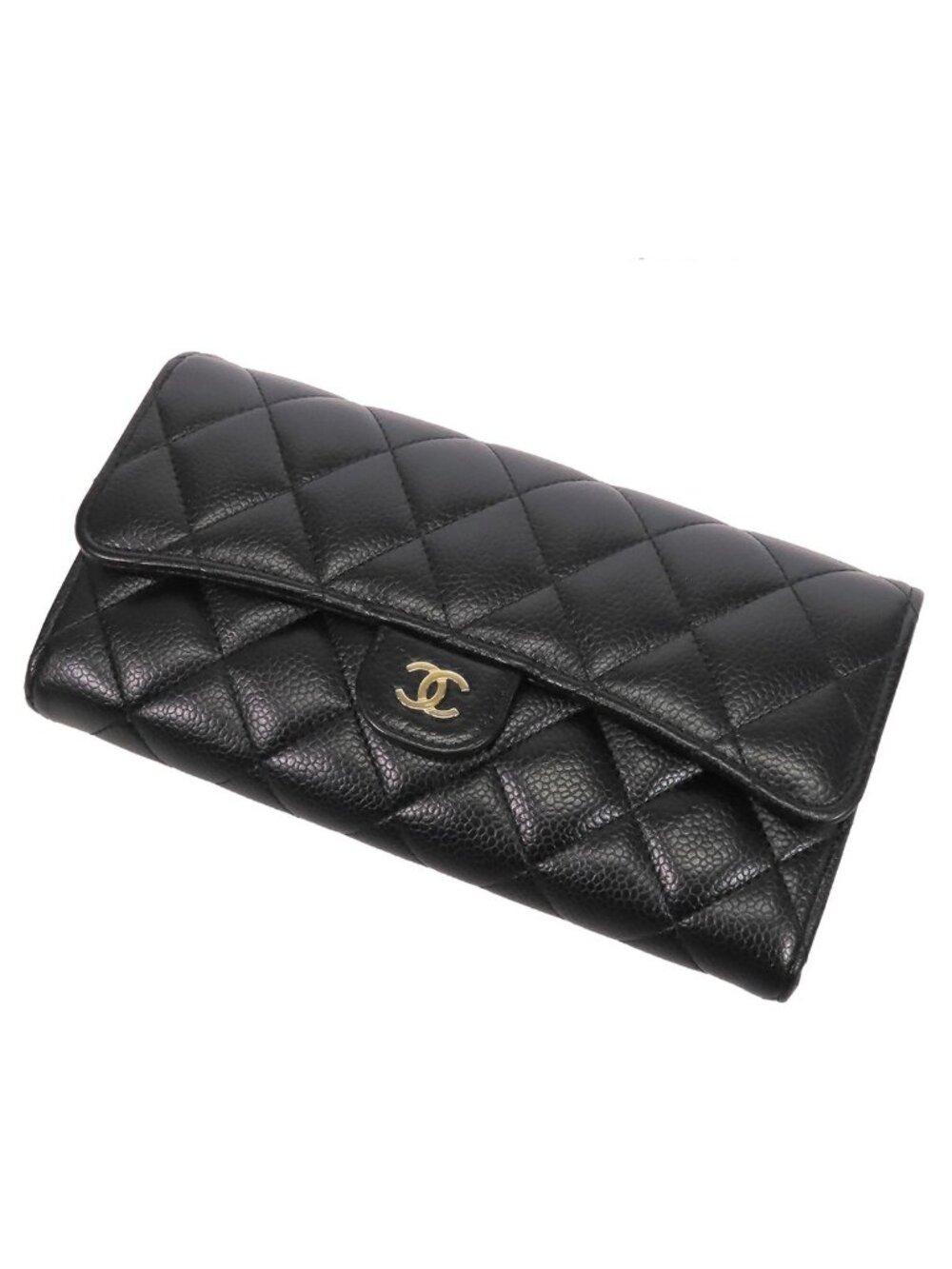 Chanel Classic Long Flap Wallet Black Gold Caviar Leather Quilted